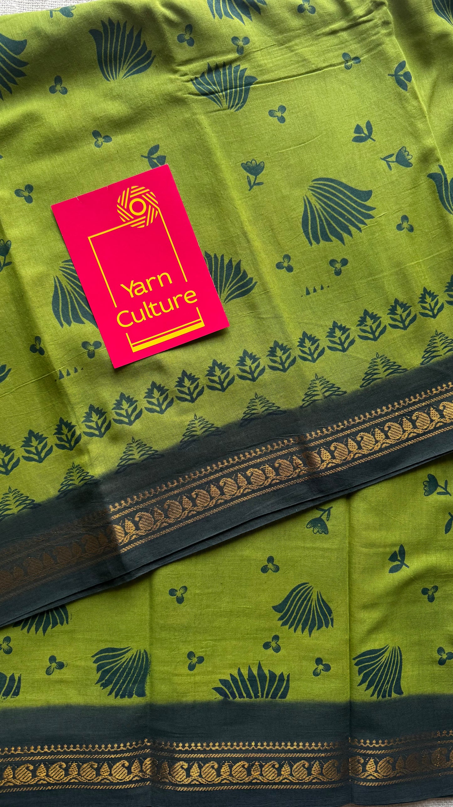 Light green with dark green, motif printed, kattuchayam dyed madurai sungudi cotton saree - YCCOTNMSFE75
