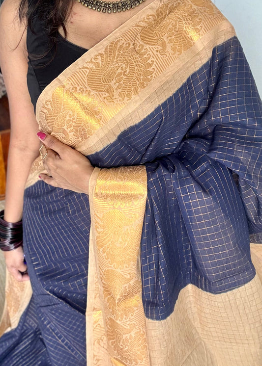 Navy blue with cream checkered sungudi, madurai cotton - YCCOTNOCSC24