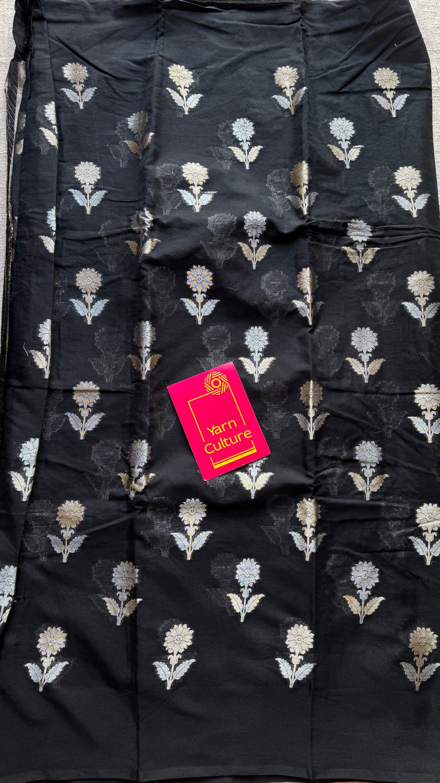 Black with gold and silver floral buttas, Banarasi semi-crepe silk - YCDESE49