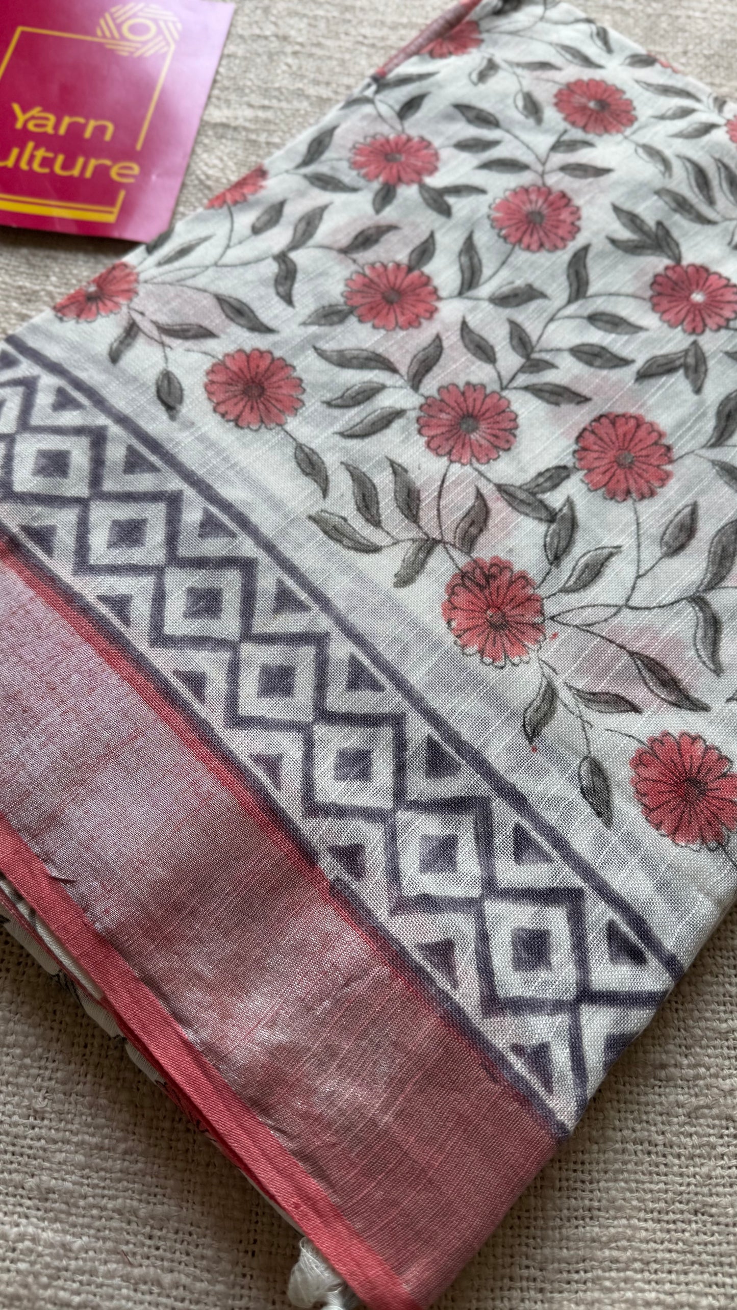 White linen, peach floral motif, silver zari border - YCTOROCBP59