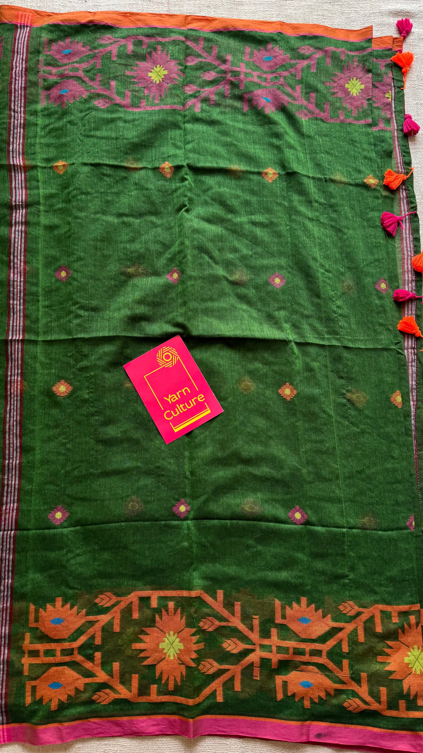 Green with pink and orange jamdani saree in mul cotton - YCBCJDFE383