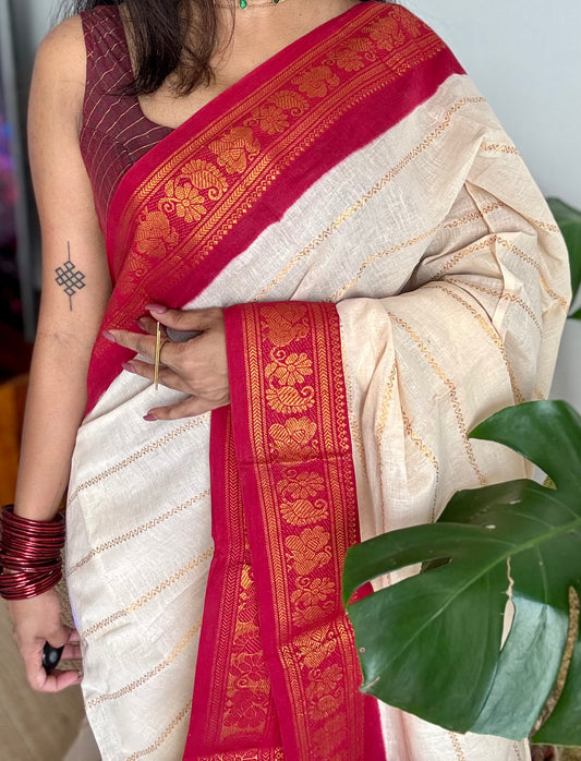 Ivory with red contrast velthaari sungudi, kattuchayam dyed madurai cotton - YCIEON105
