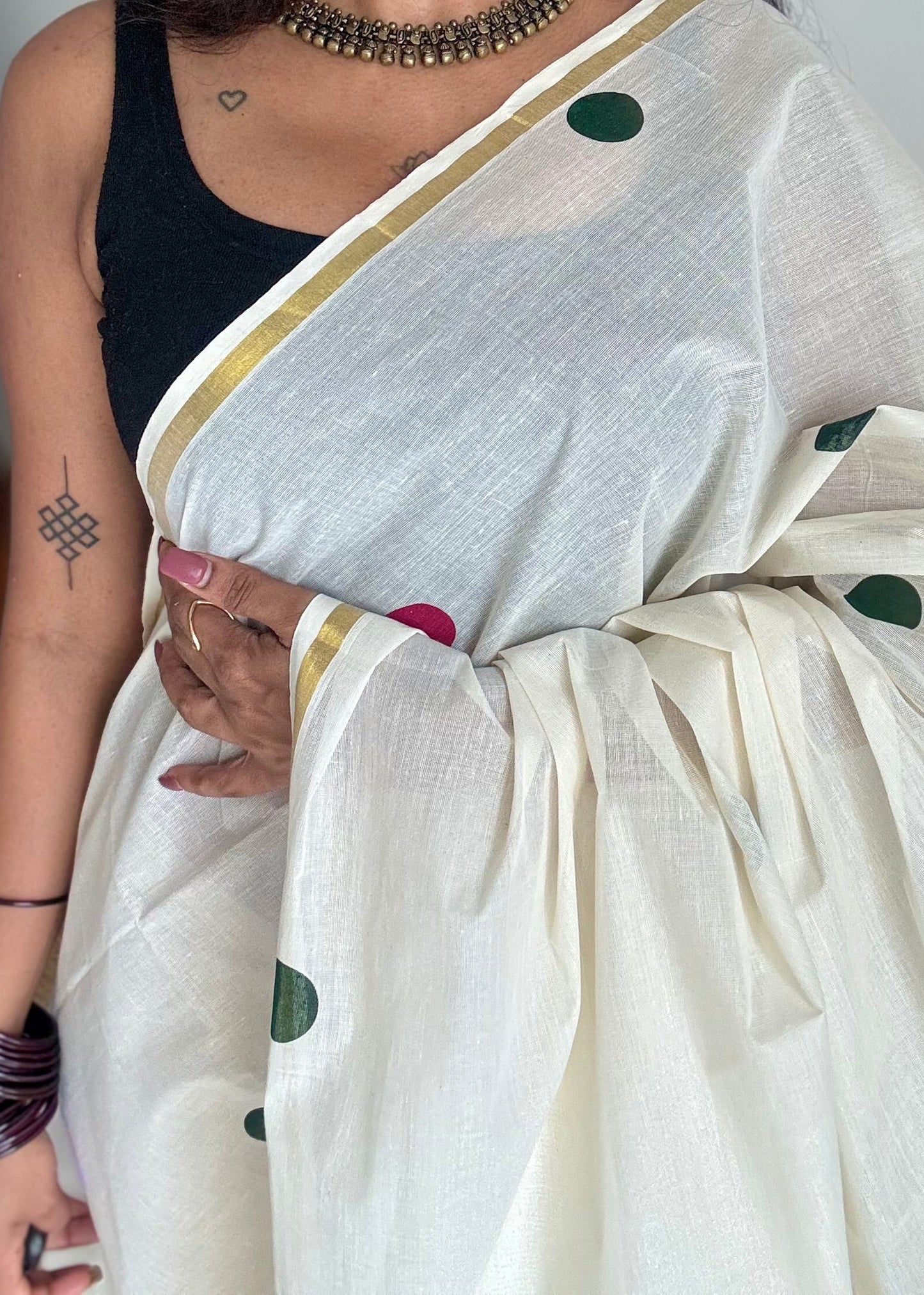 Ivory and gold soft cotton thin border kasavu saree, dark pink, mustard and green polka - YCIEON75