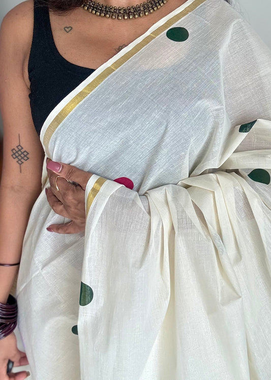 Ivory and gold soft cotton thin border kasavu saree, dark pink, mustard and green polka - YCIEON75