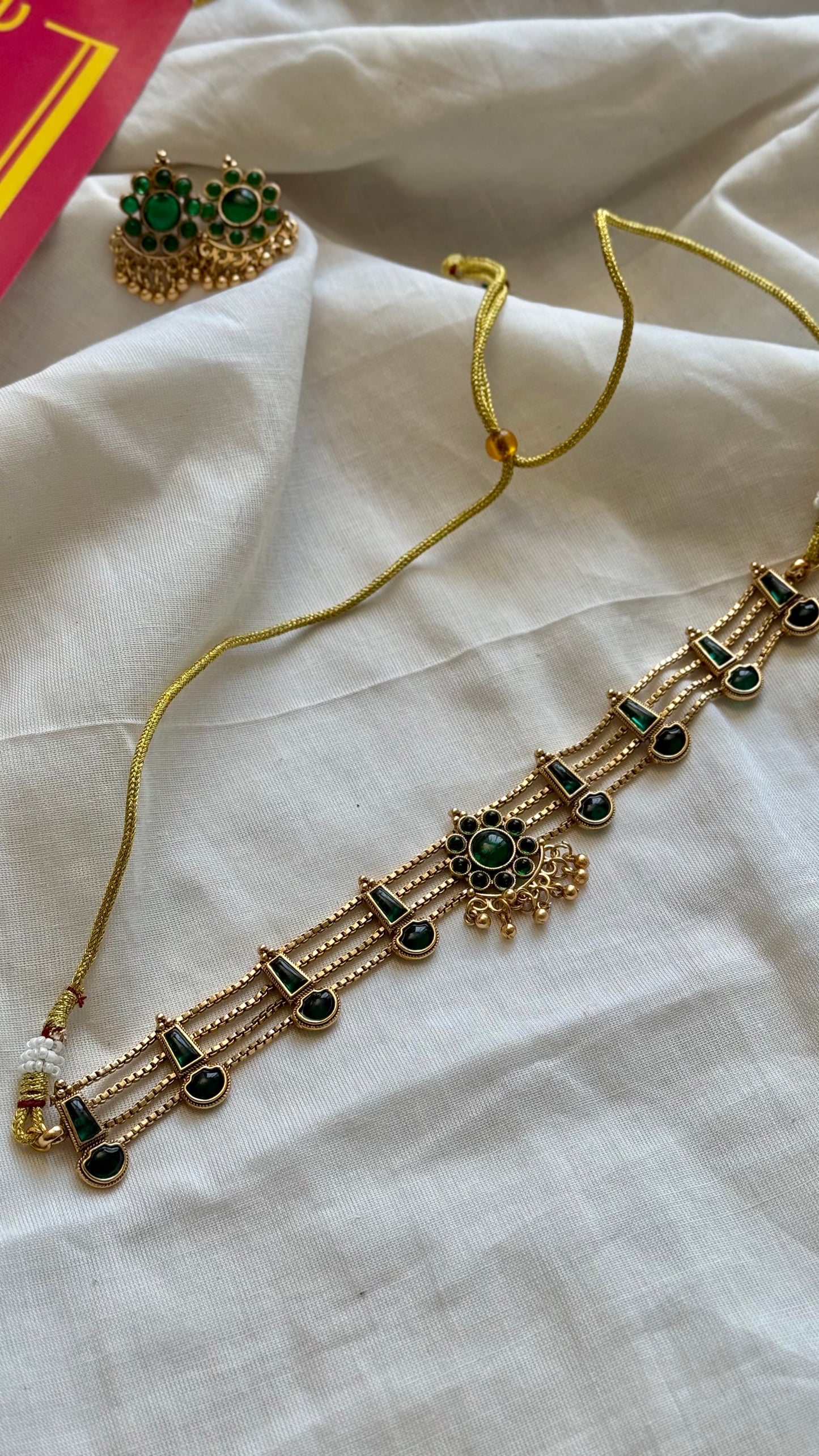 4 layered green pendant neckpiece with earrings - YCGPNP639