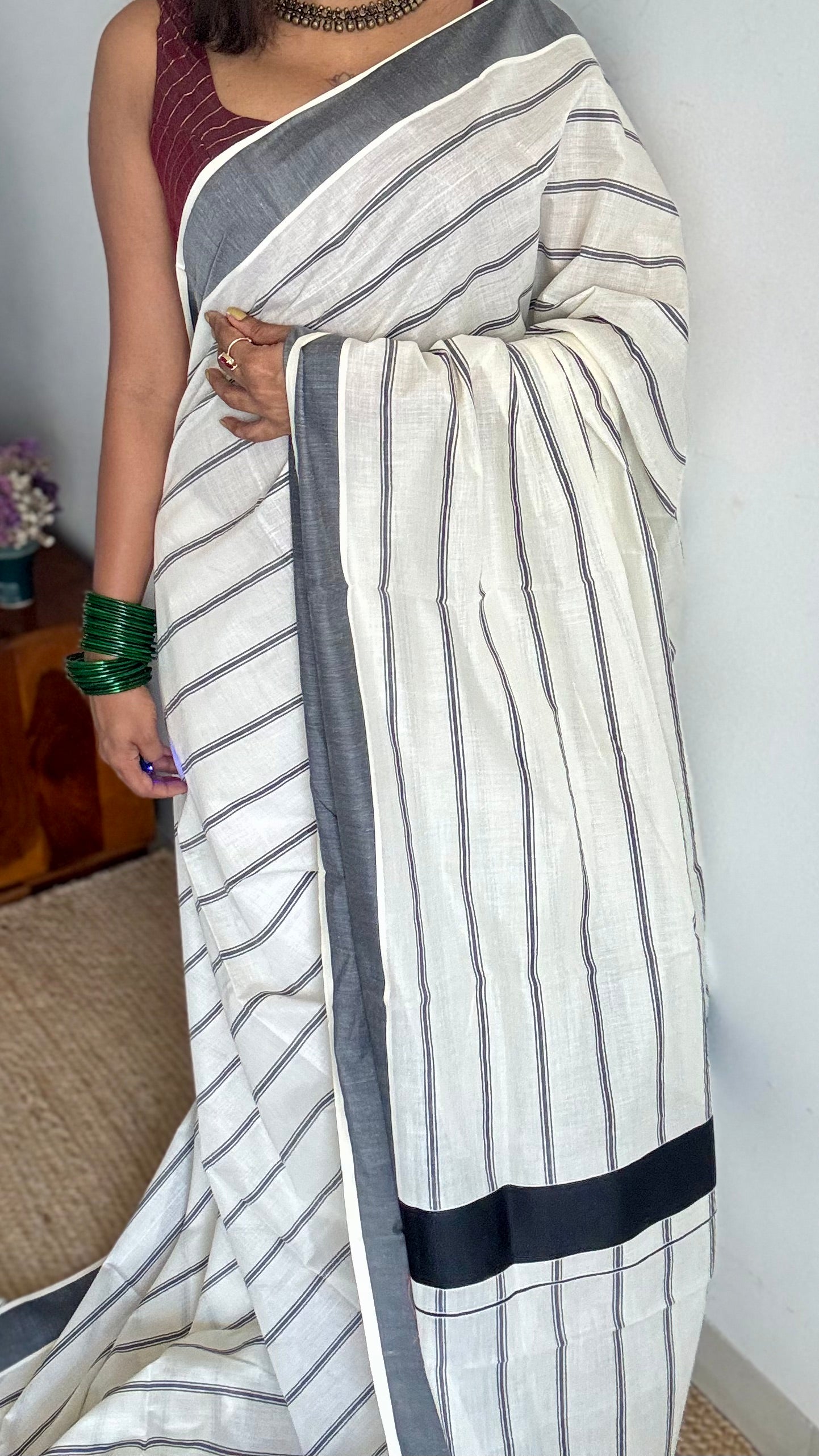 Ivory Kerala cotton saree with black stripes and border - YCIEKCFE321