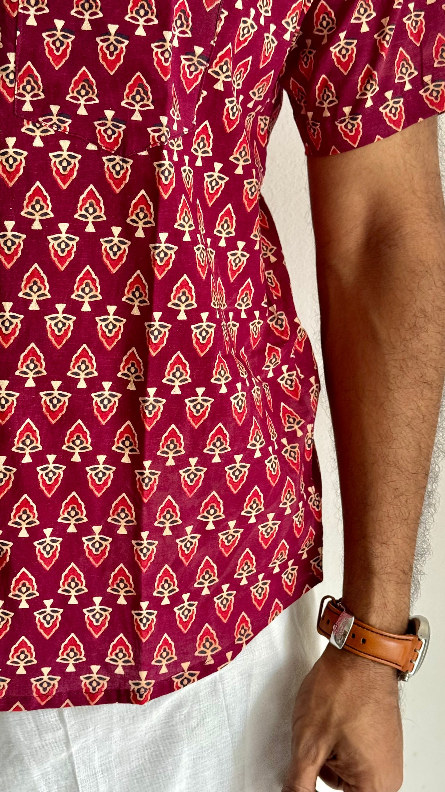 Maroon Paisley Motif Block Printed Cotton Men's Half Sleeve Mandarin Collar Kurta Shirt - YCMSEIE188