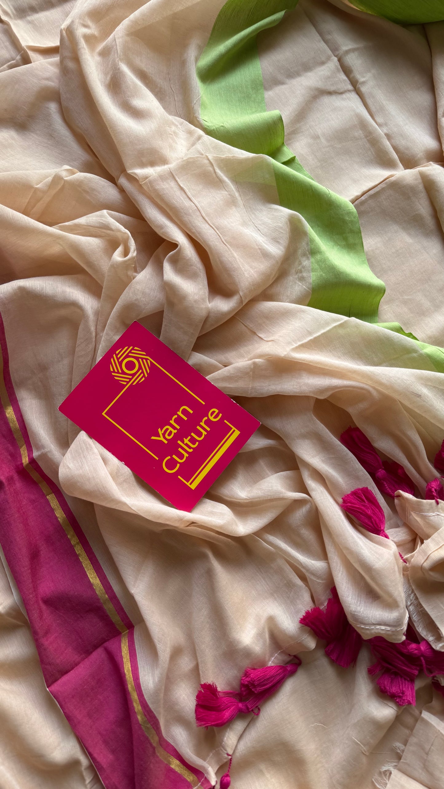 Sandal mul saree with pink and pista green borders - YCBCMCFE292