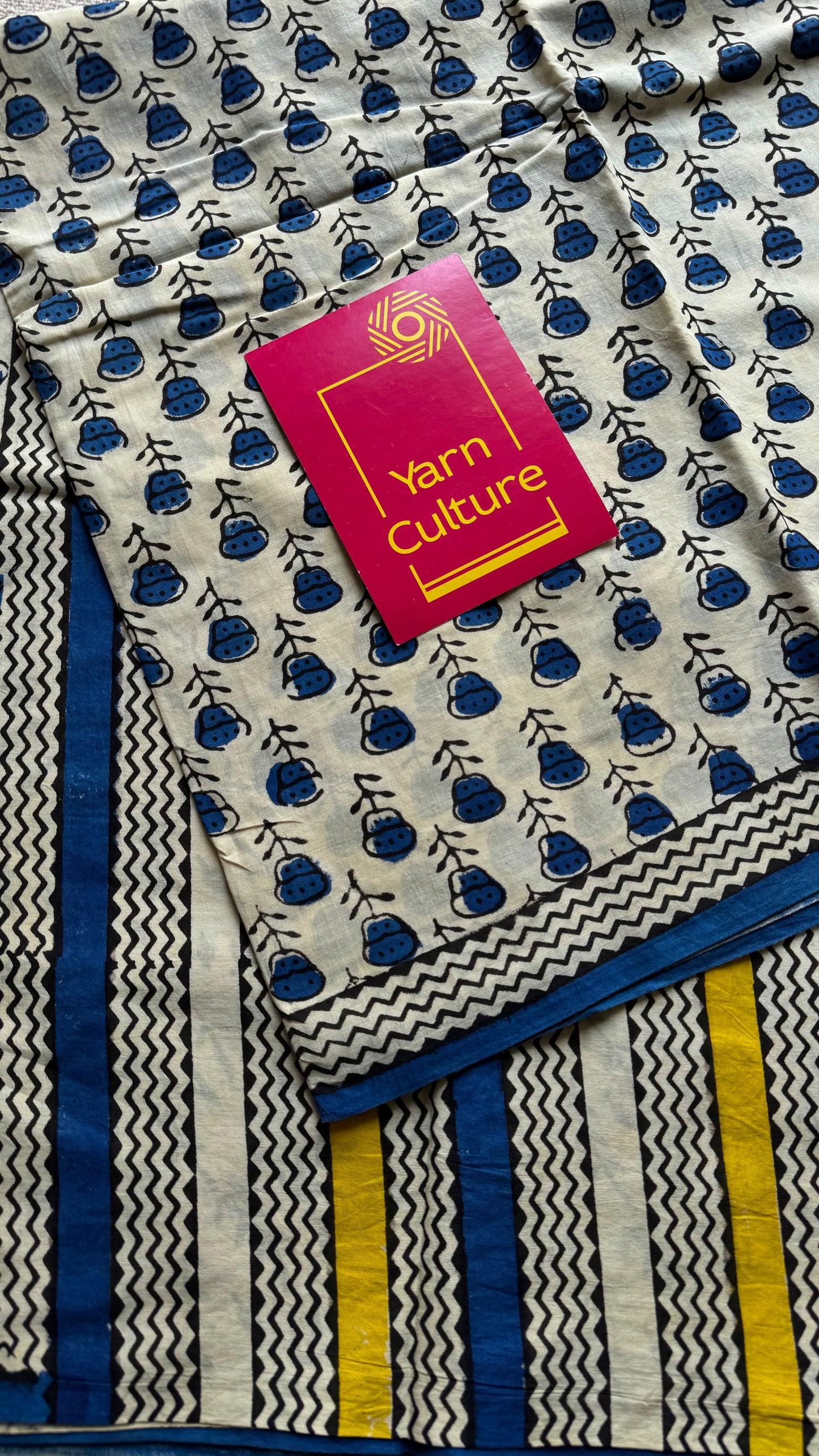 Beige with blue flowers, block printed soft cotton saree -YCTORCMA09