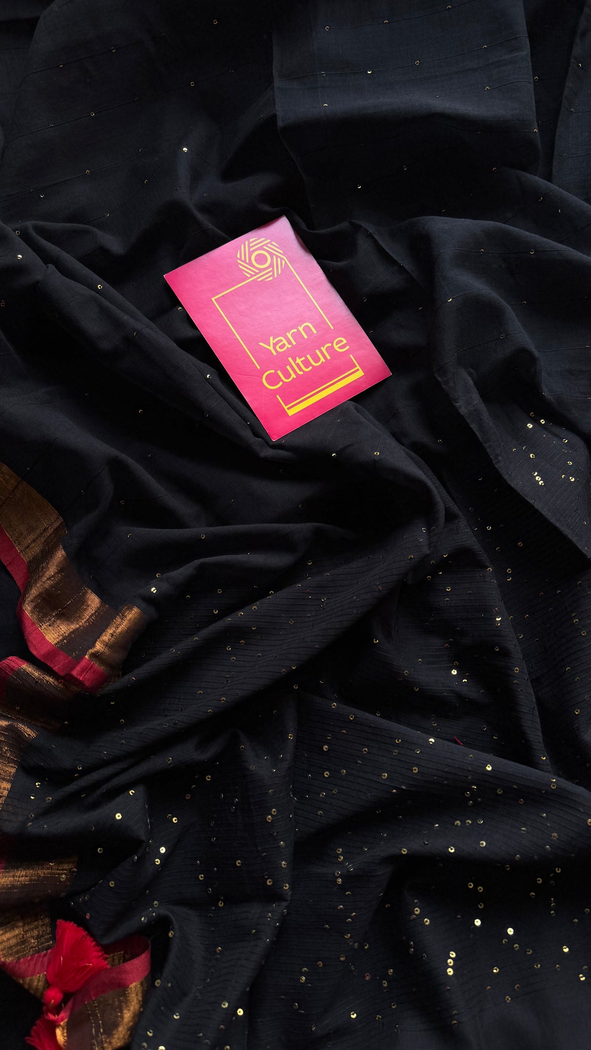 Black mul cotton saree with sequins and zari border - YCBCMCSE29