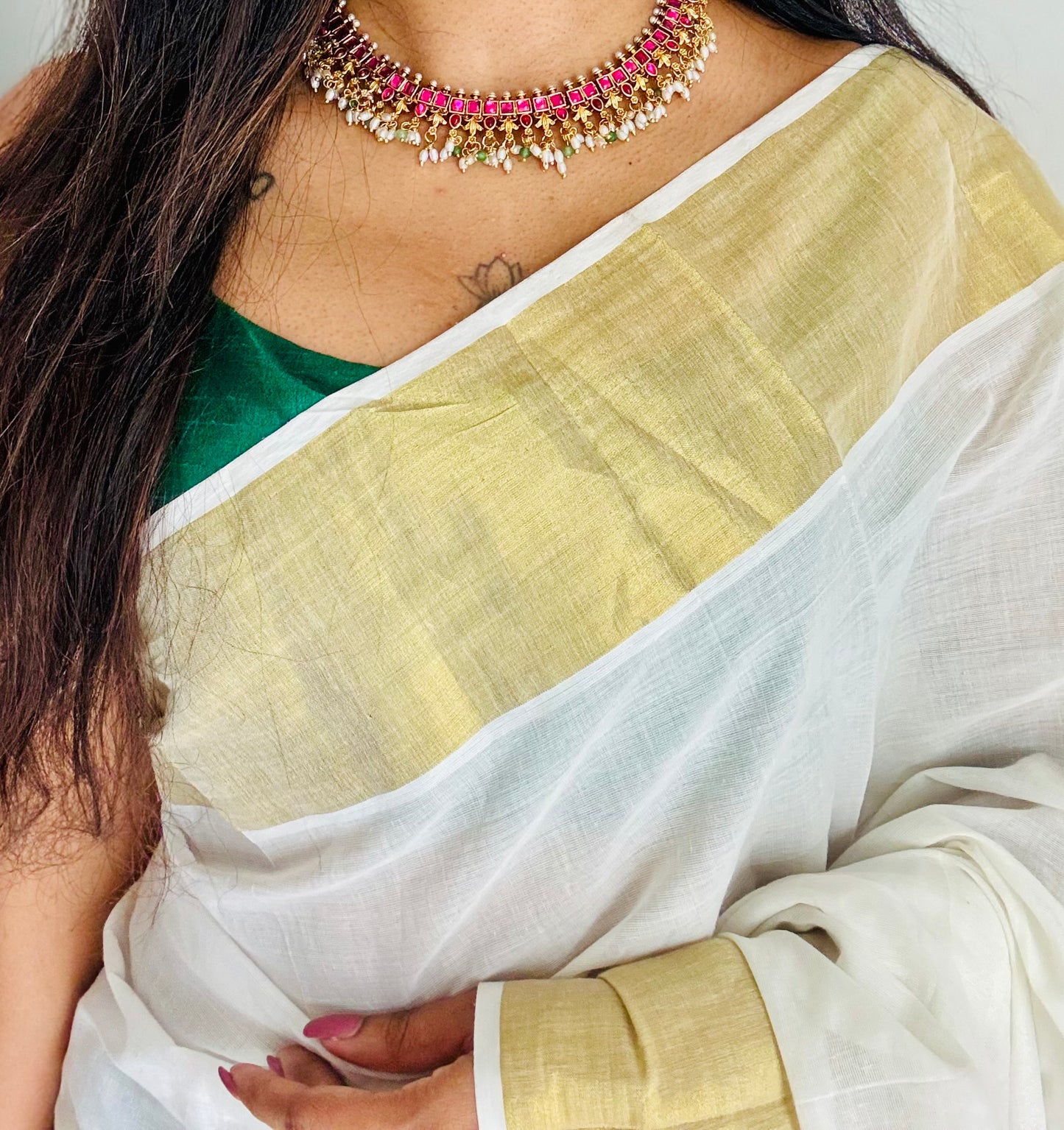 Ruby green necklace with rice pearl drops, with earrings - YCGPNP735