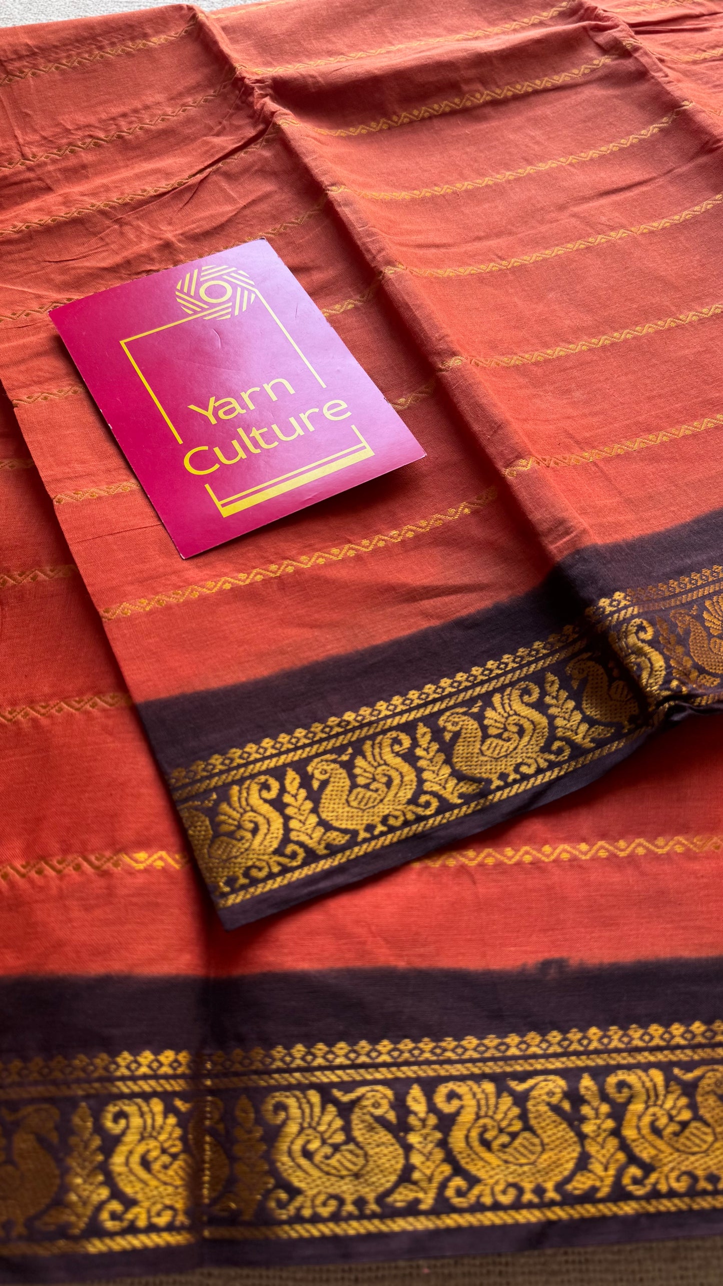 Orange with brown velthaari patterned kattuchayam dyed madurai cotton saree - YCCOTNMSFE274