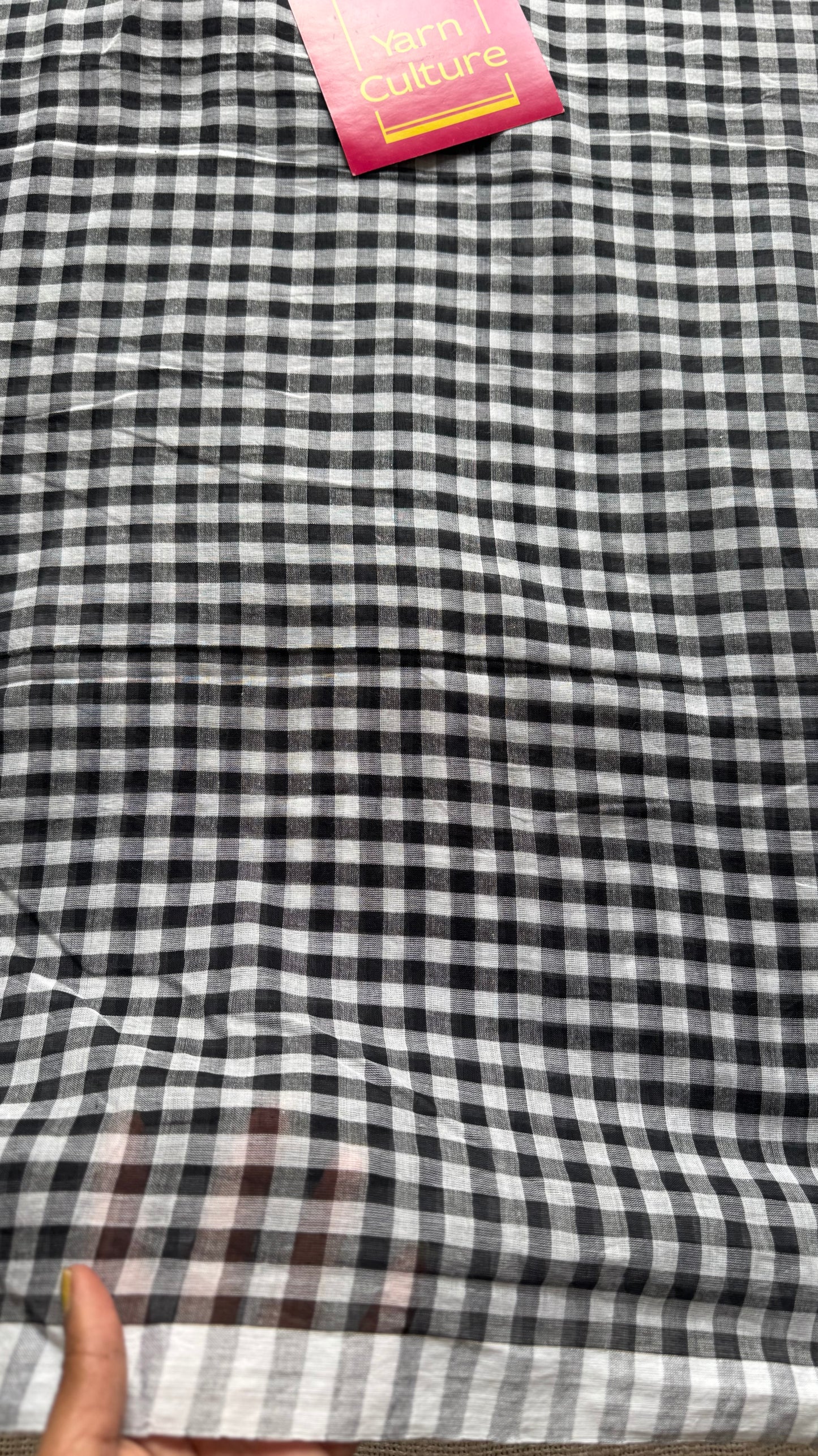 Black and white checkered mul cotton saree  - YCBCMCCMA29