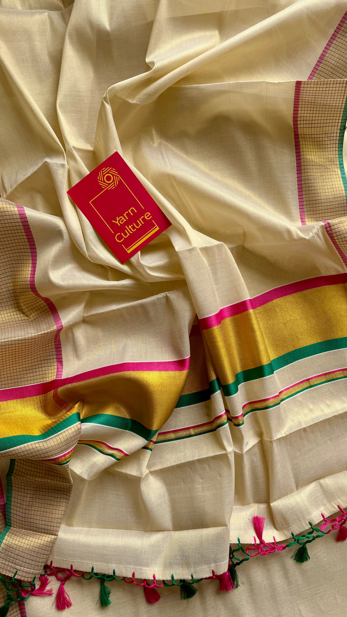 Ivory and gold soft tissue cotton saree, pink and green, checkered border - YCIEON77