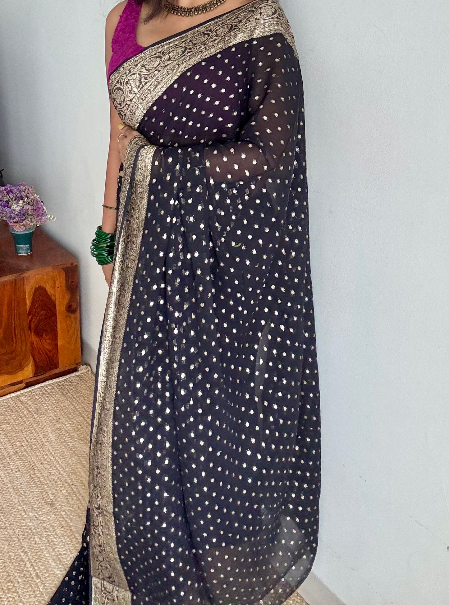 Black viscose georgette saree with zari motifs - YCDOSFE206