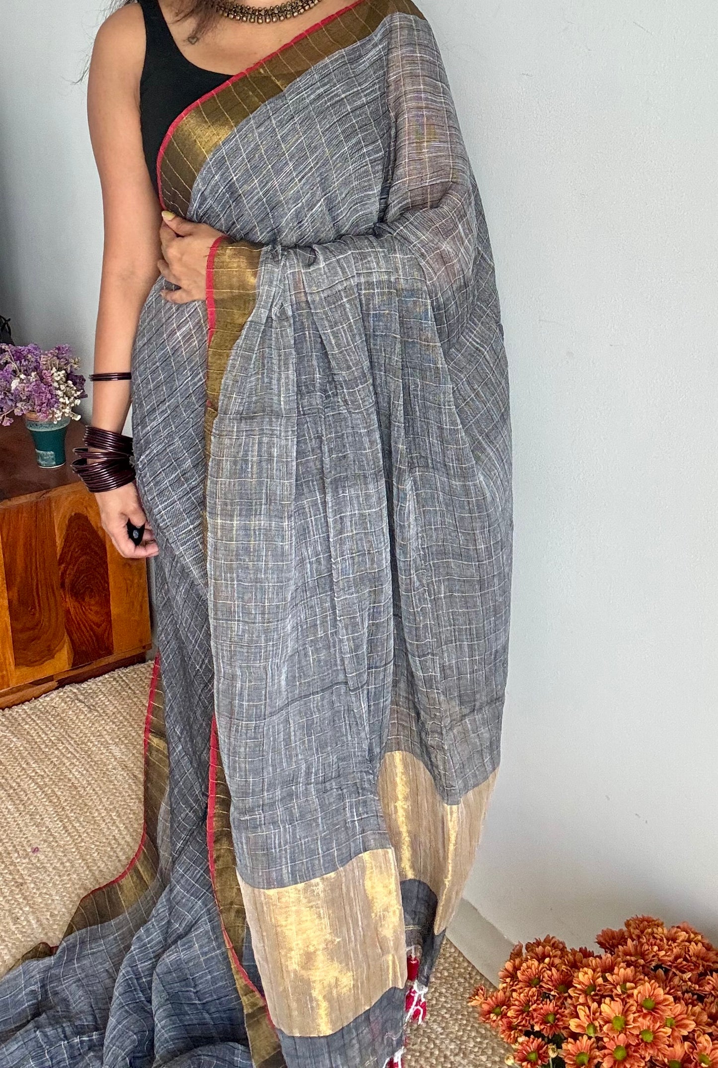 Grey linen by cotton saree, gold checks & gold zari pallu - YCBCLCFE388