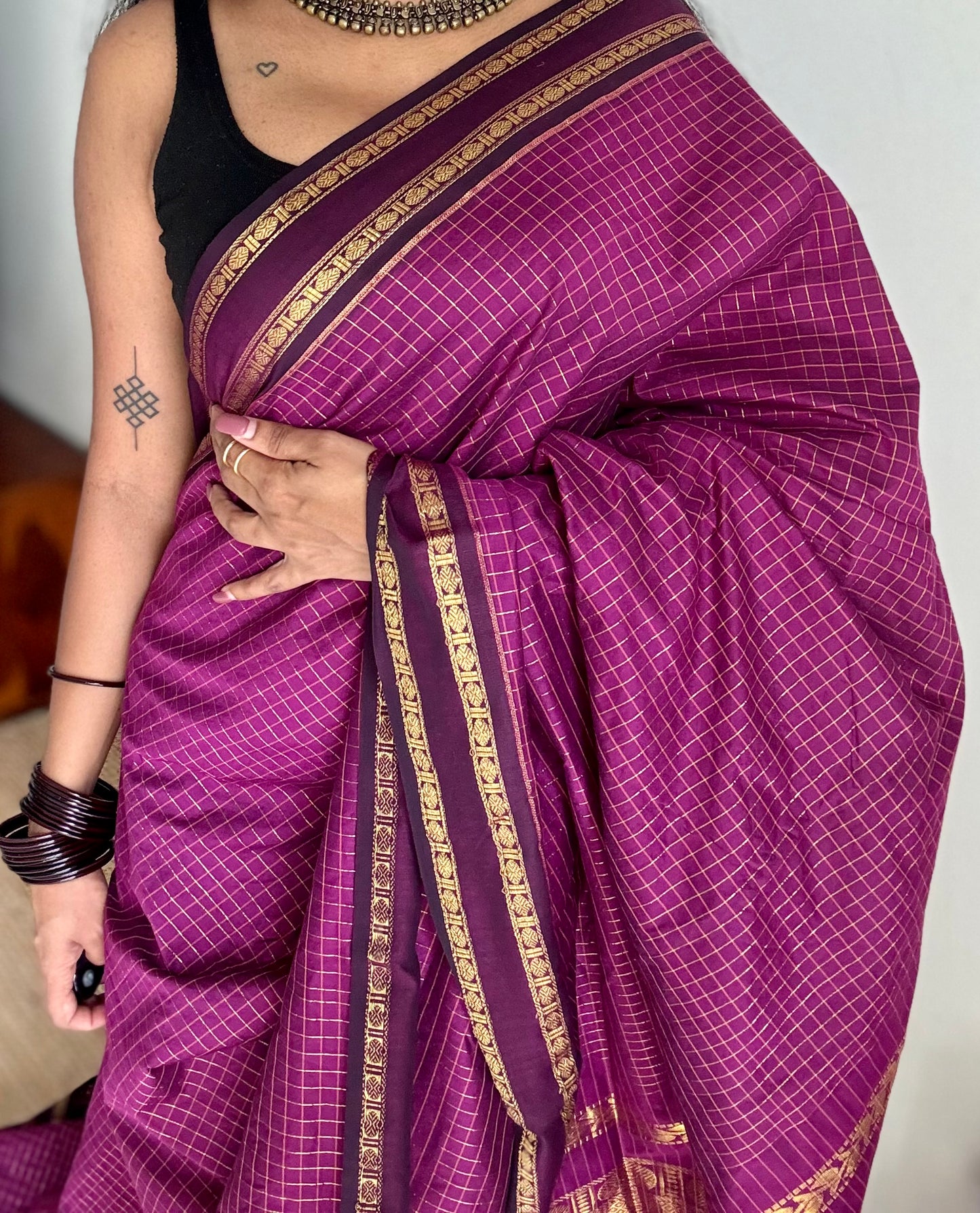 Grape wine, arani zari checks saree, cotton silk - YCCOTNAUG15