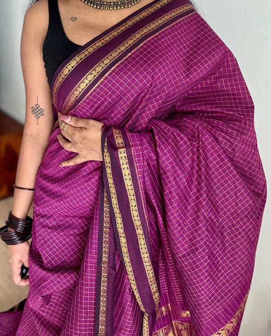 Grape wine, arani zari checks saree, cotton silk - YCCOTNAUG15