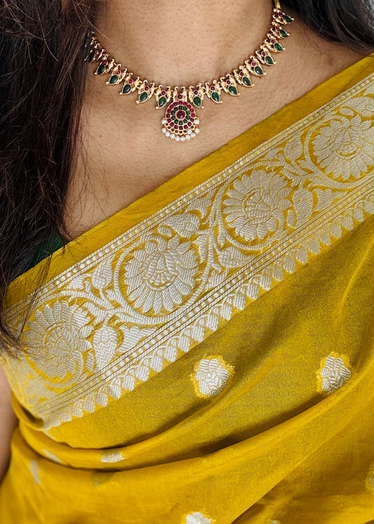 Antique gold palakka type, ruby and green stones with earrings - YCAGNP267