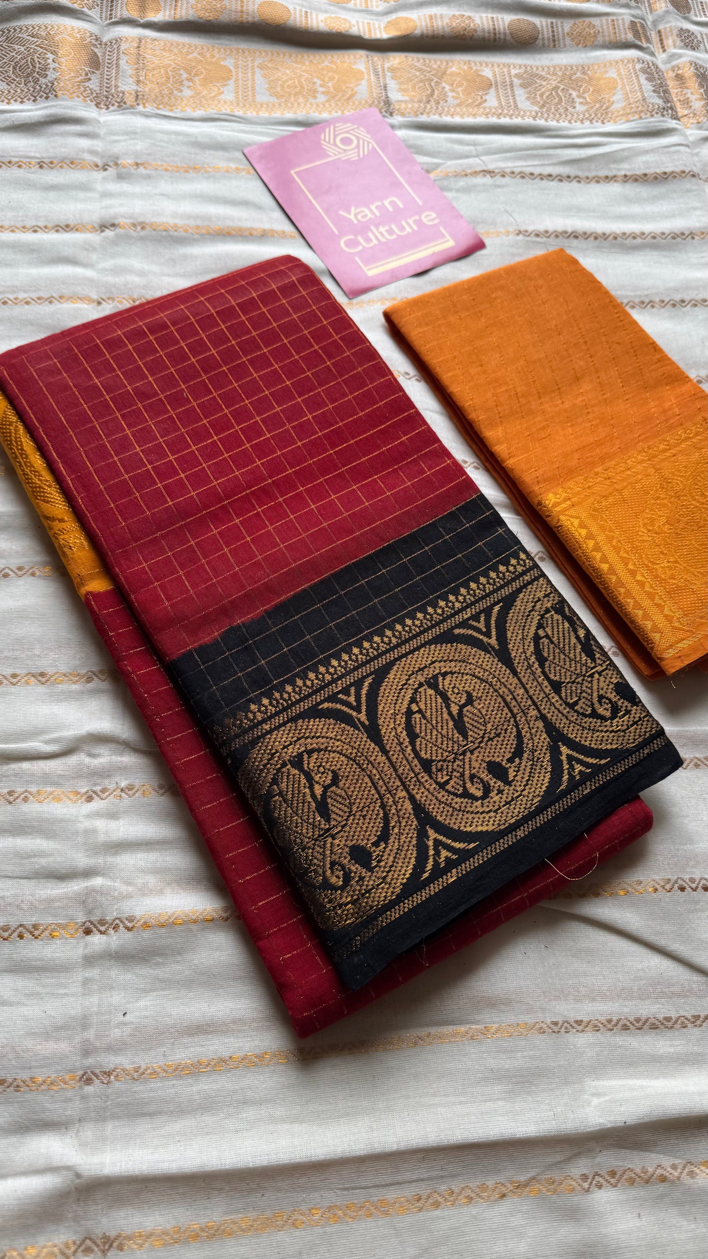 Sungudi cotton checks, red base, yellow and black dual tone border, soft cotton - YCCOTNMSJUL10
