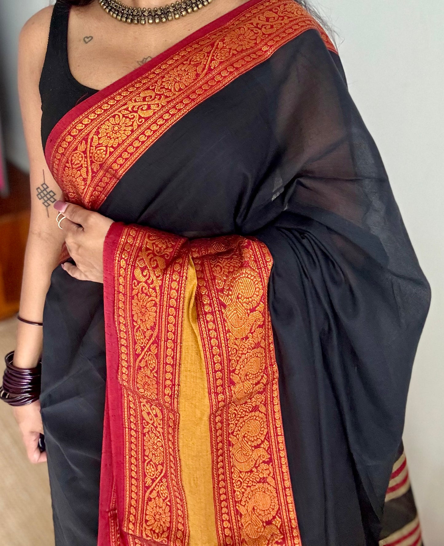 Black with red wide border, narayanpet soft cotton saree - YCWOTDAUG06