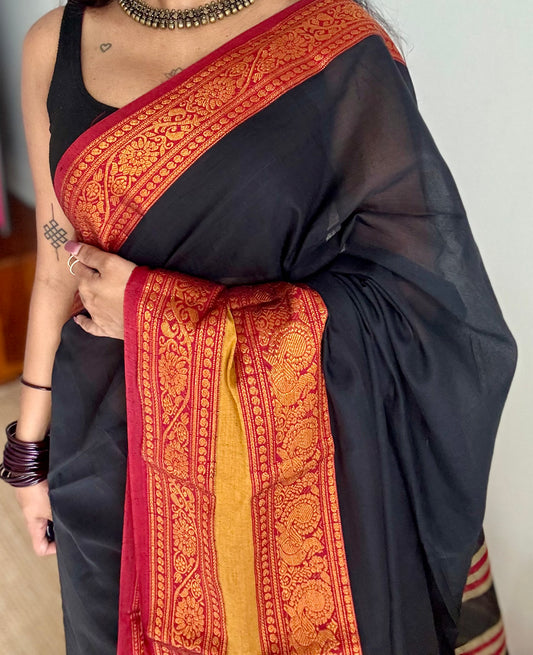 Black with red wide border, narayanpet soft cotton saree - YCWOTDAUG06
