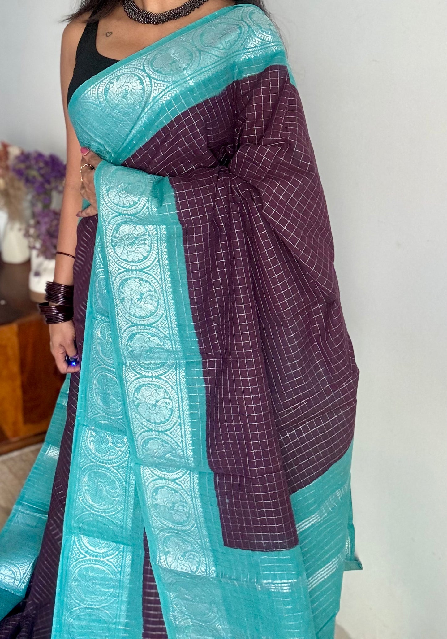 Purple brown with turquoise, silver zari checkered sungudi, kattuchayam dyed madurai cotton - YCCOTNMSAP106