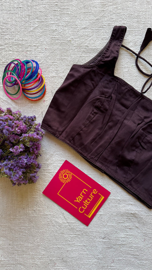 Dark brown sleeveless cotton silk stitched blouse, back open, non-padded - YCSESB65