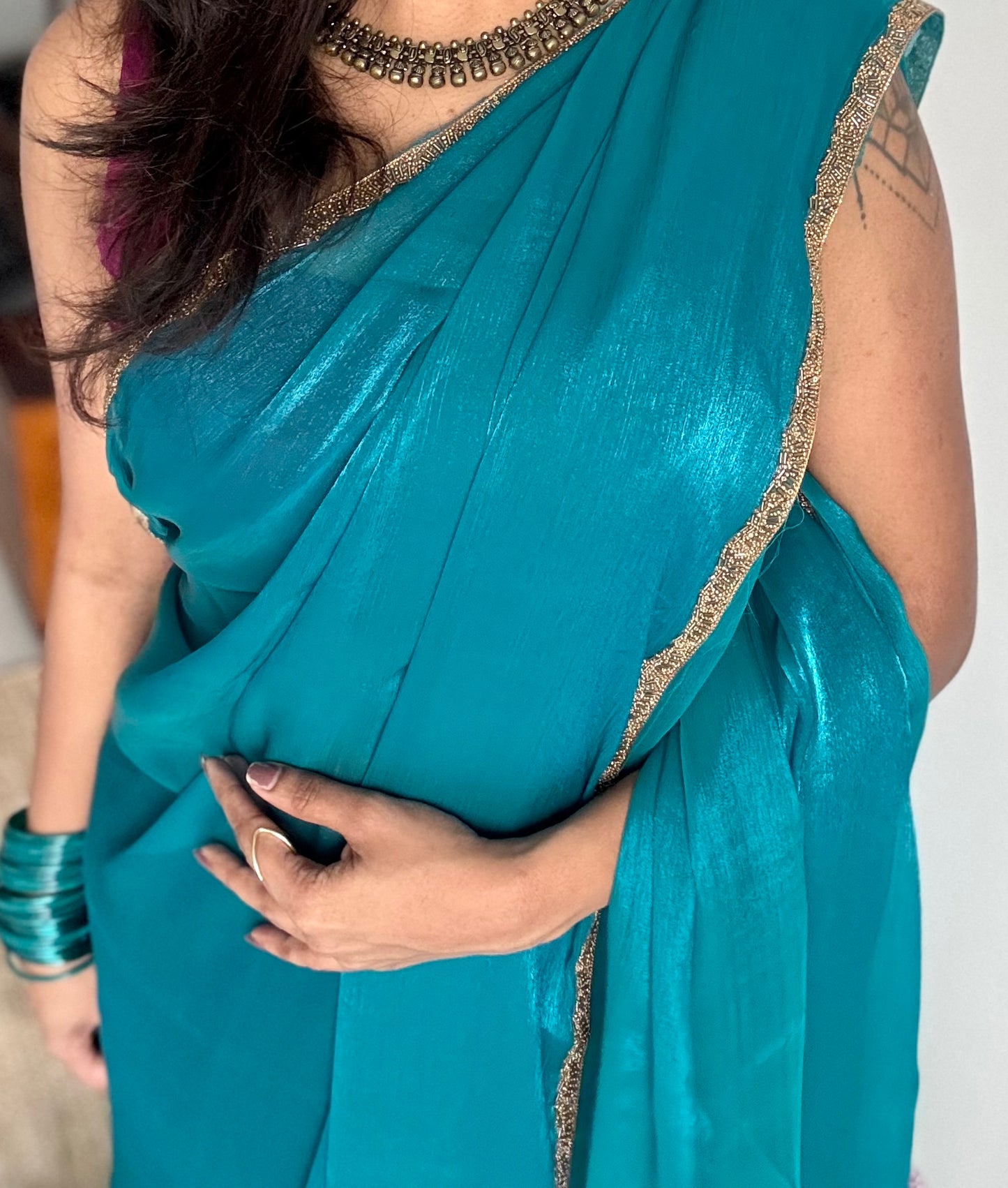 Bluetiful Chaos - bluish green, metallic dual tone space silk, embellished border - YCDOSNO44