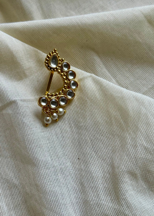 Gold plated, white coloured stone, clip on Maharashtrian nath - YCGPNC209