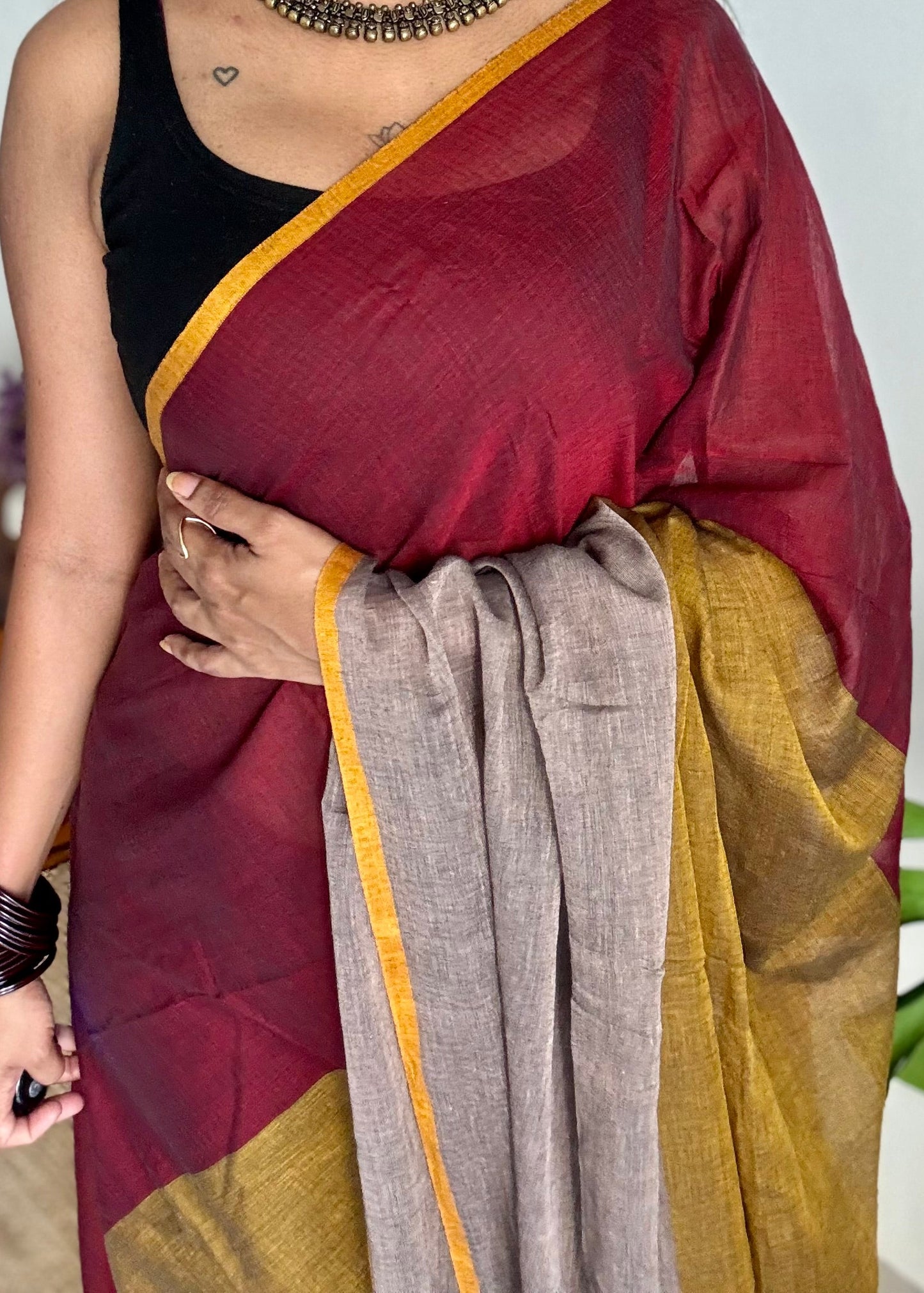 Maroon brown and grey saree, mul cotton - YCBCMA320