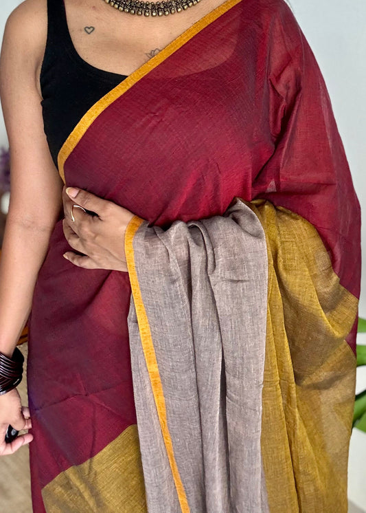 Maroon brown and grey saree, mul cotton - YCBCMA320