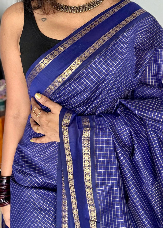 Royal blue, arani zari checks saree, cotton silk - YCCOTNARFE49