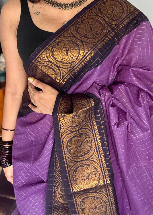 Purple with black checkered sungudi, madurai cotton - YCCOTNSUDE42