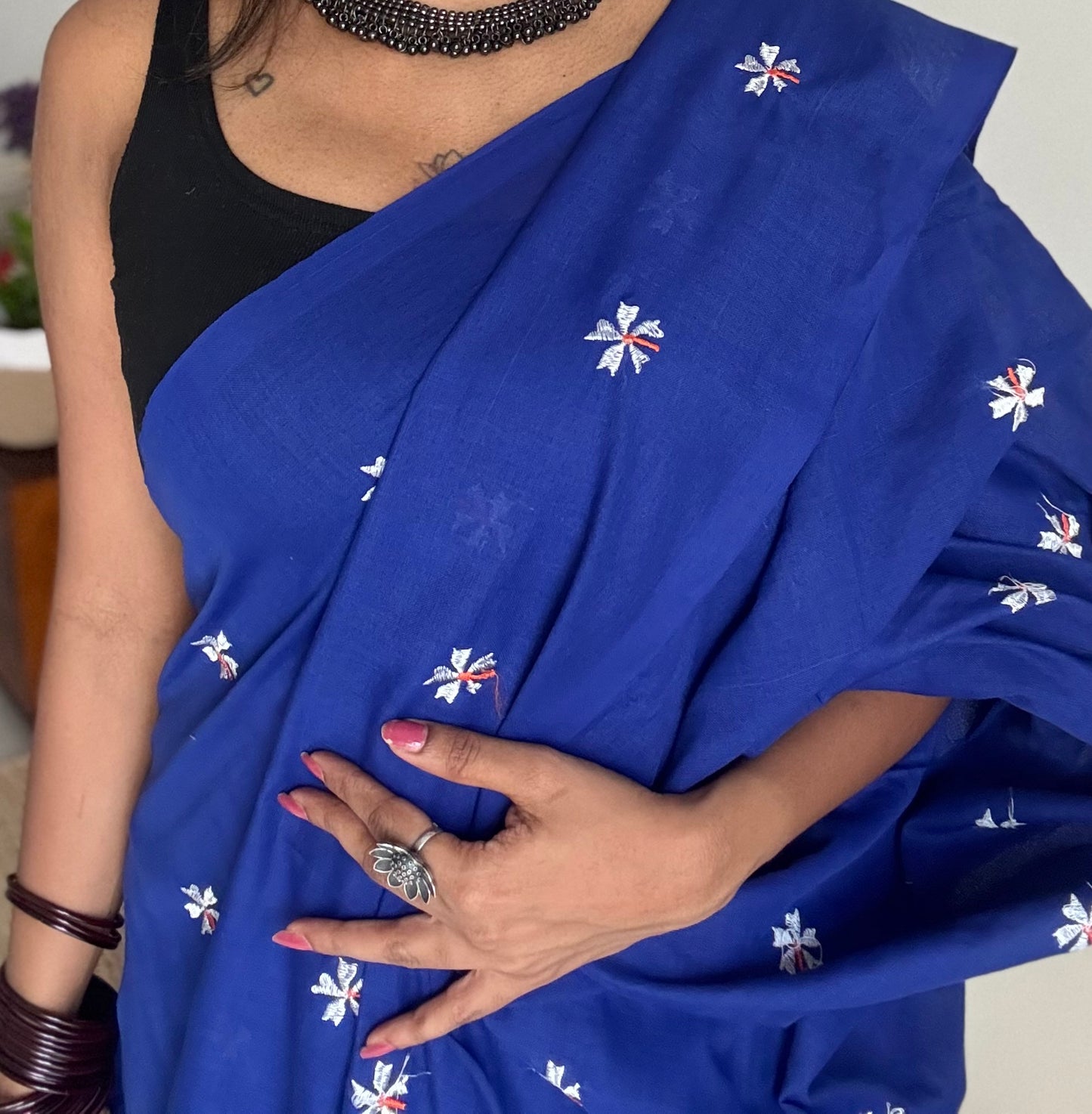 Royal blue parijat soft cotton saree  - YCBCKCAP40