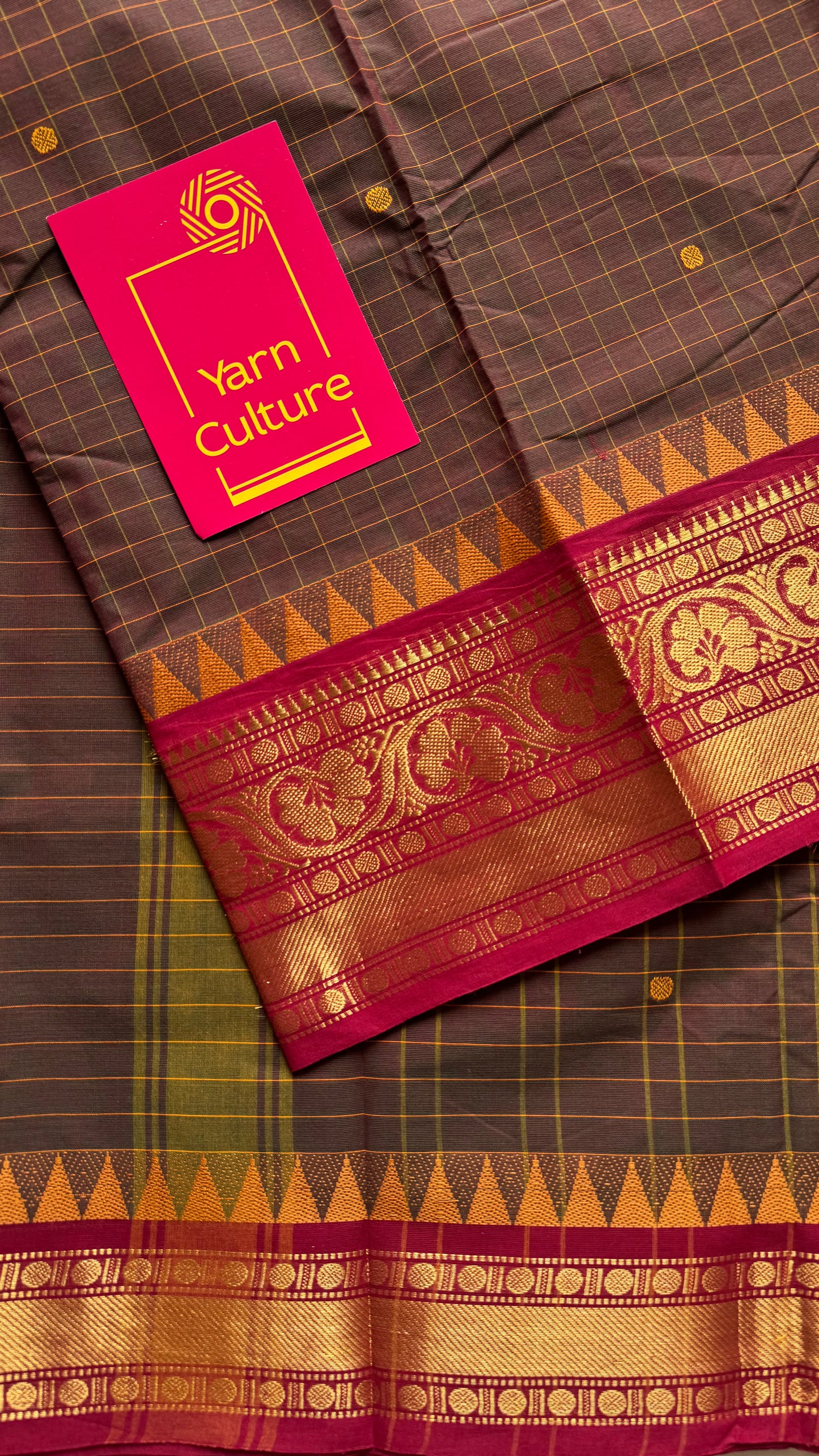 Brownish green with red contrast, checkered kanchi cotton saree - YCCOTNJU22