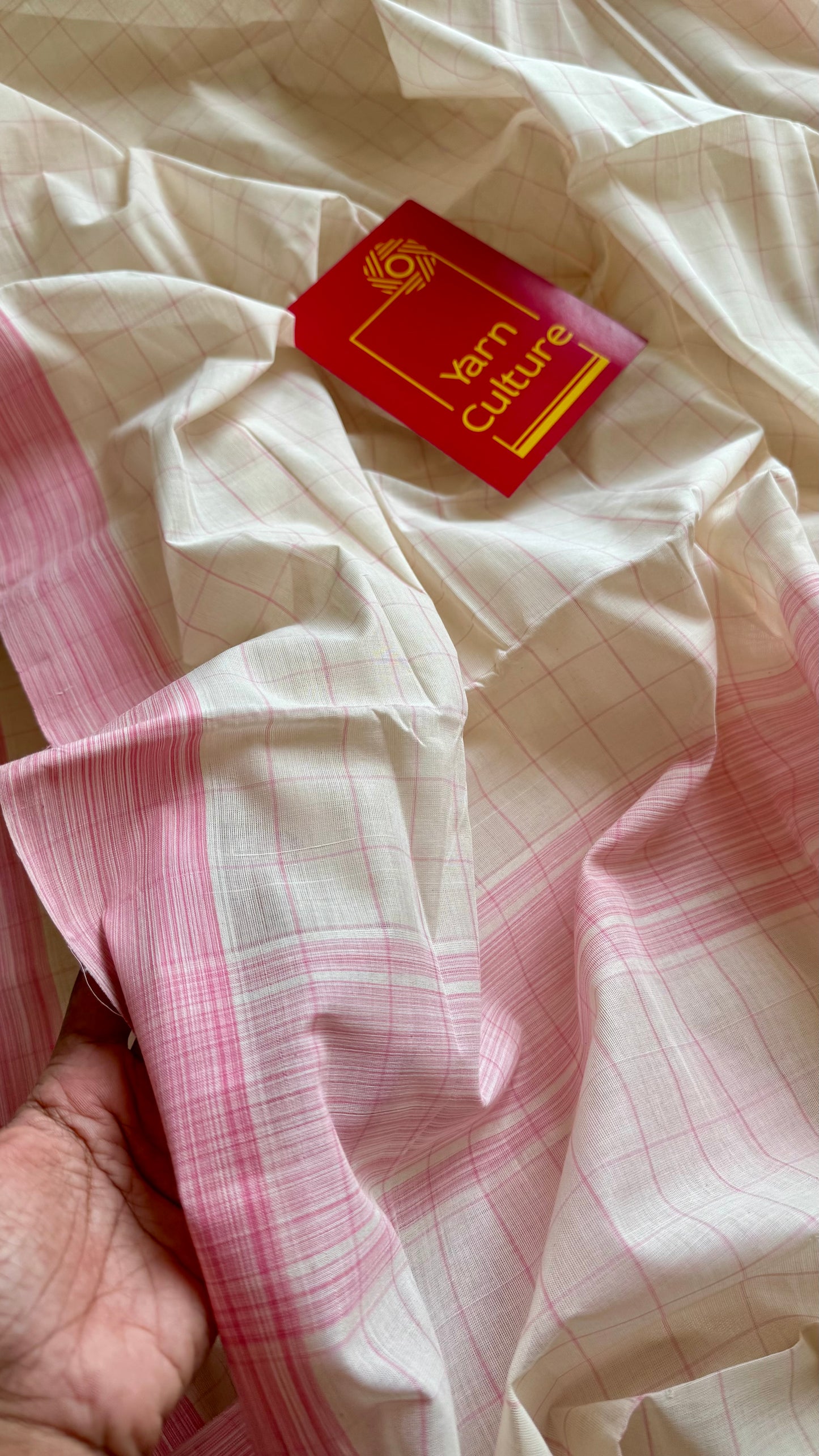 Handloom, woven in Chendamangalam Looms, ivory with pink checks, soft cotton saree - YCIEON150