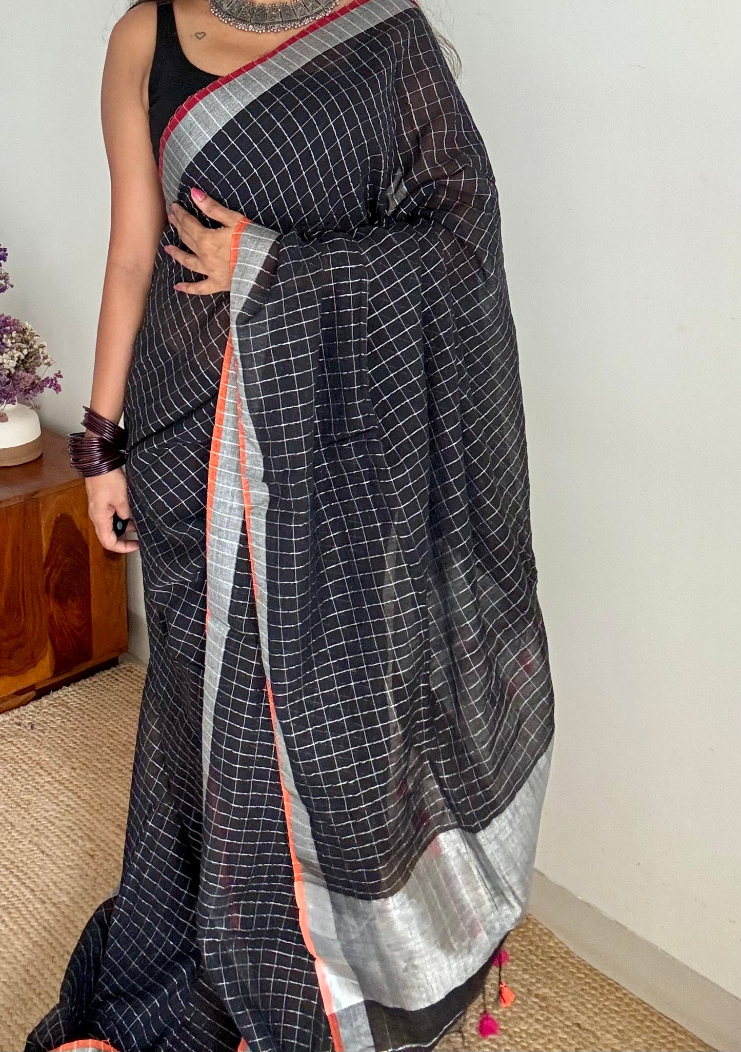 Black linen by cotton saree, silver checks & zari pallu - YCBCLCAP55