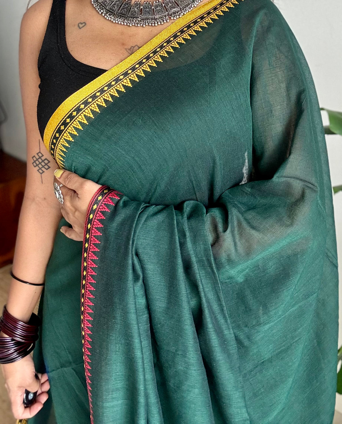 Handloom Bengal soft cotton saree, dark green with yellow and red woven dual tone borders - YCBCMCSE41