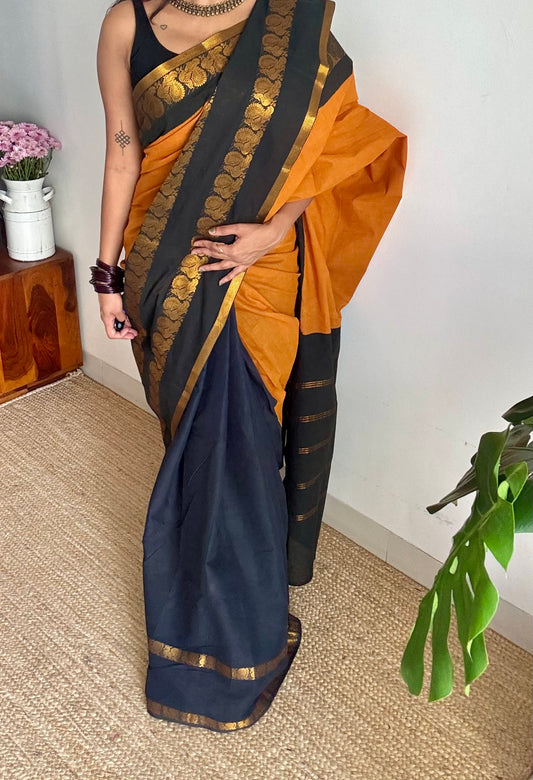 Turmeric yellow with black, cotton half and half saree - YCCOTNIDOC138