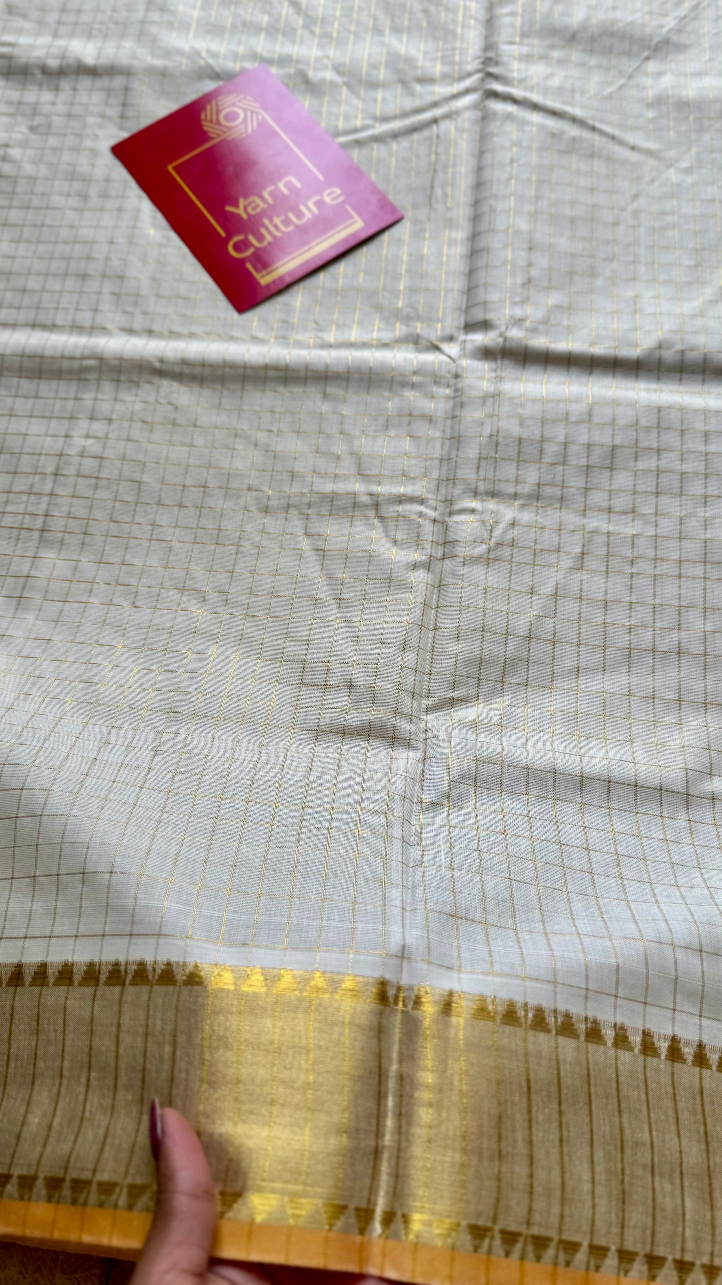 Ivory and gold soft cotton kasavu saree, small checks with temple border - YCIEON70