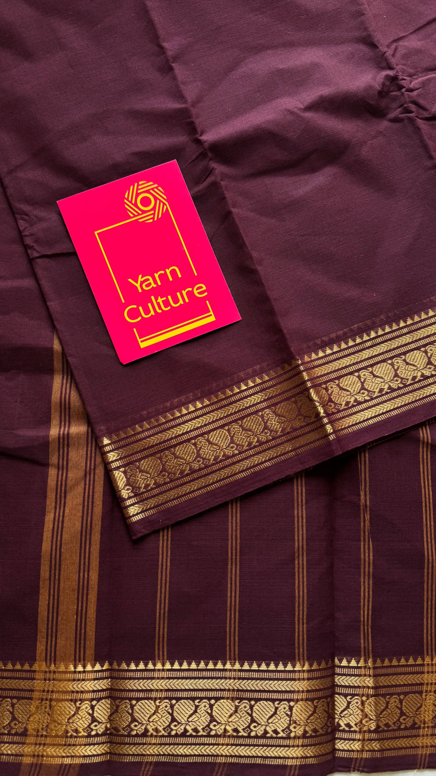 Chettinad cotton saree in maroon with thin peacock zari motif border - YCCOTNJUCC10