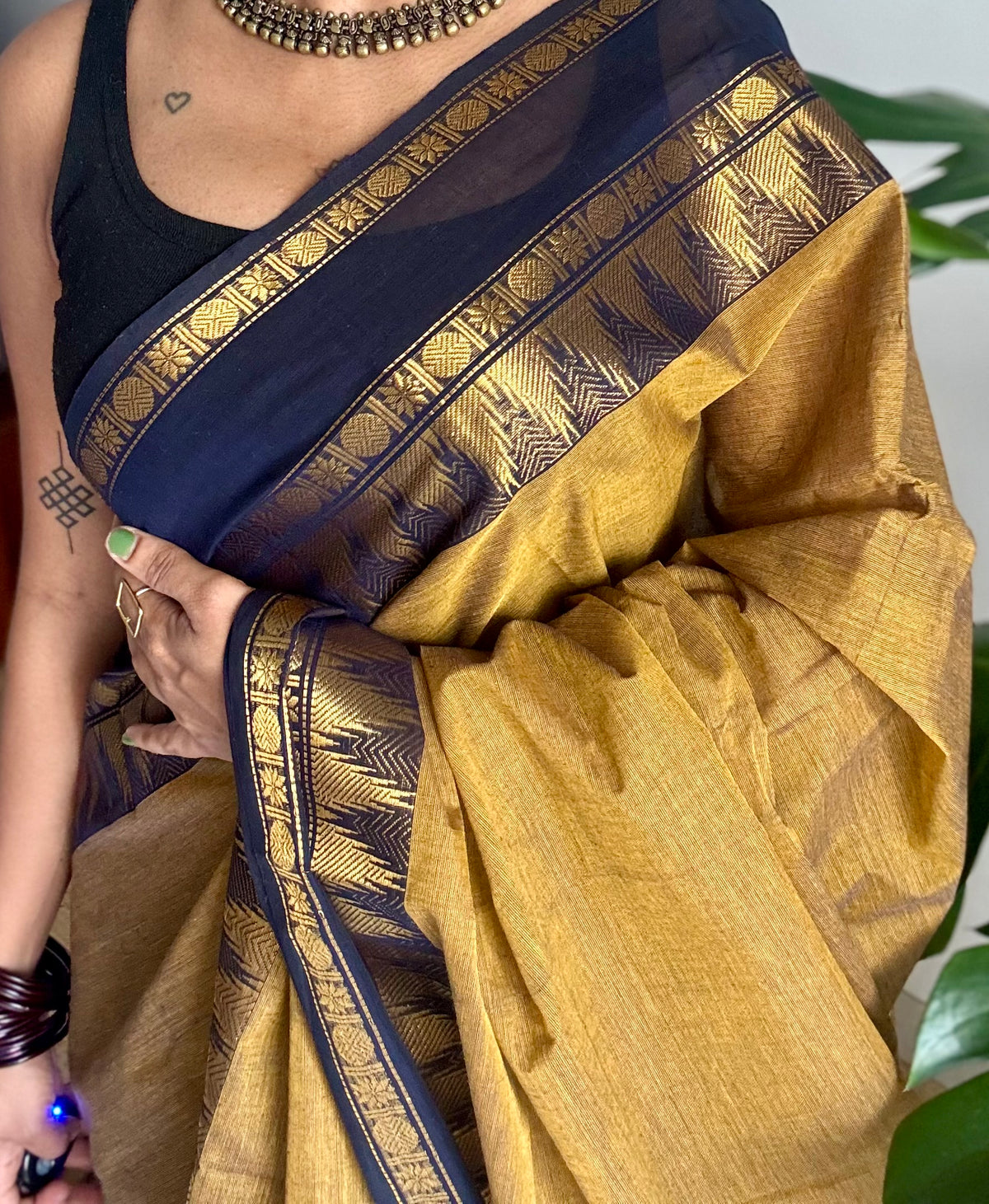 Mustard yellow with black gap zari border, kanchi cotton saree - YCCOTNCCOC118