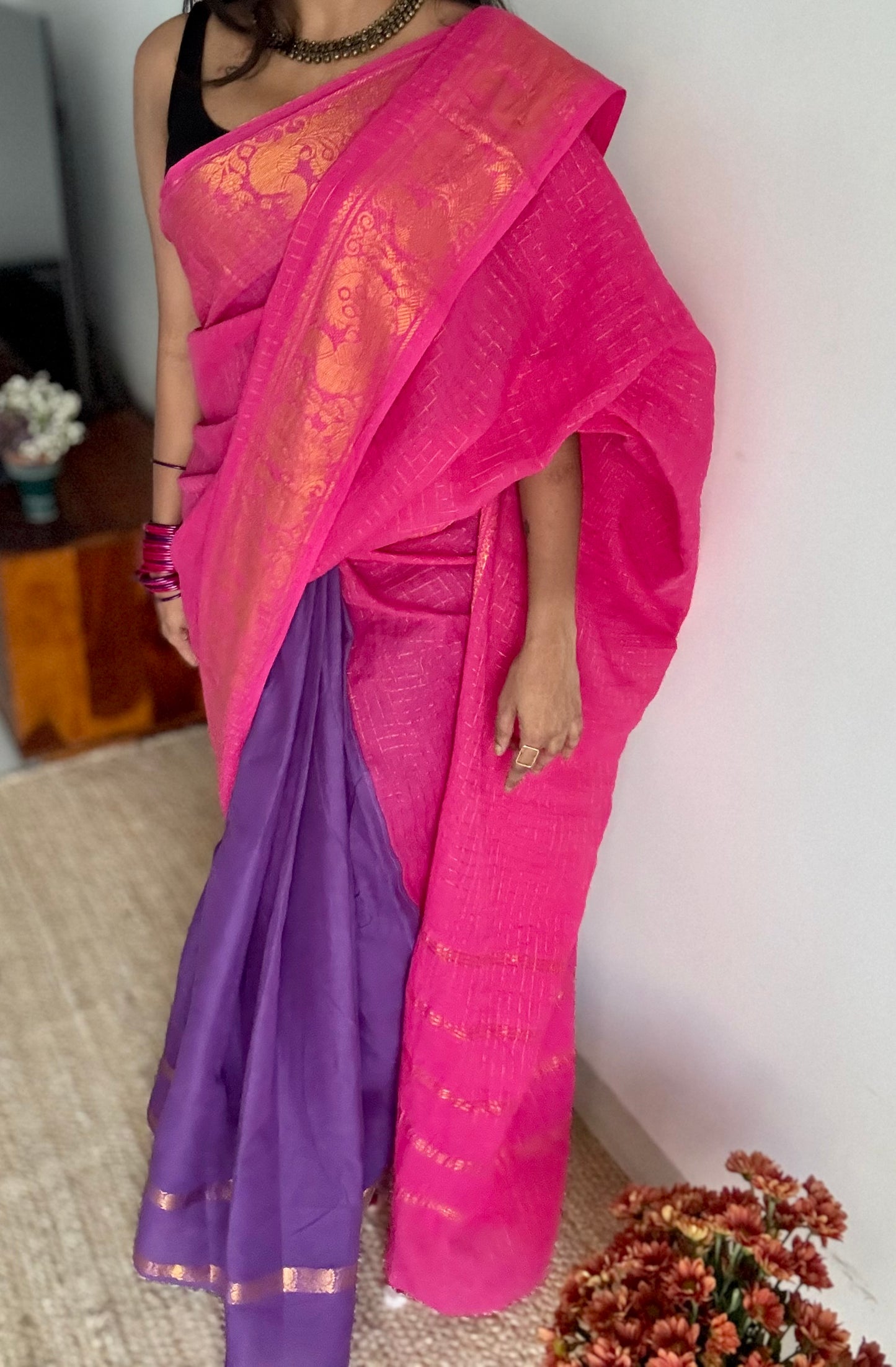 Alli (அல்லி) : pink with purple, sungudi cotton - YCENOID01