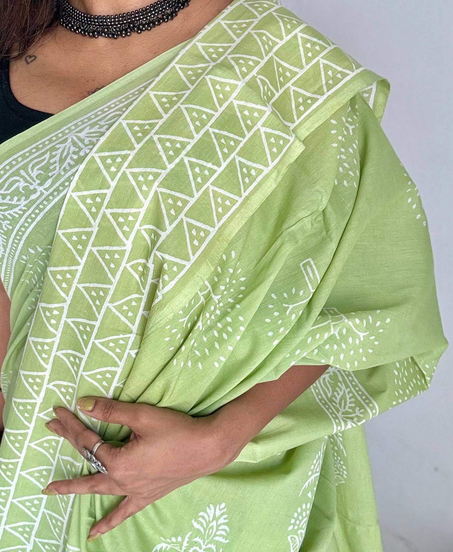Pista green with off white tree motifs, block printed soft cotton saree - YCTORCMA19