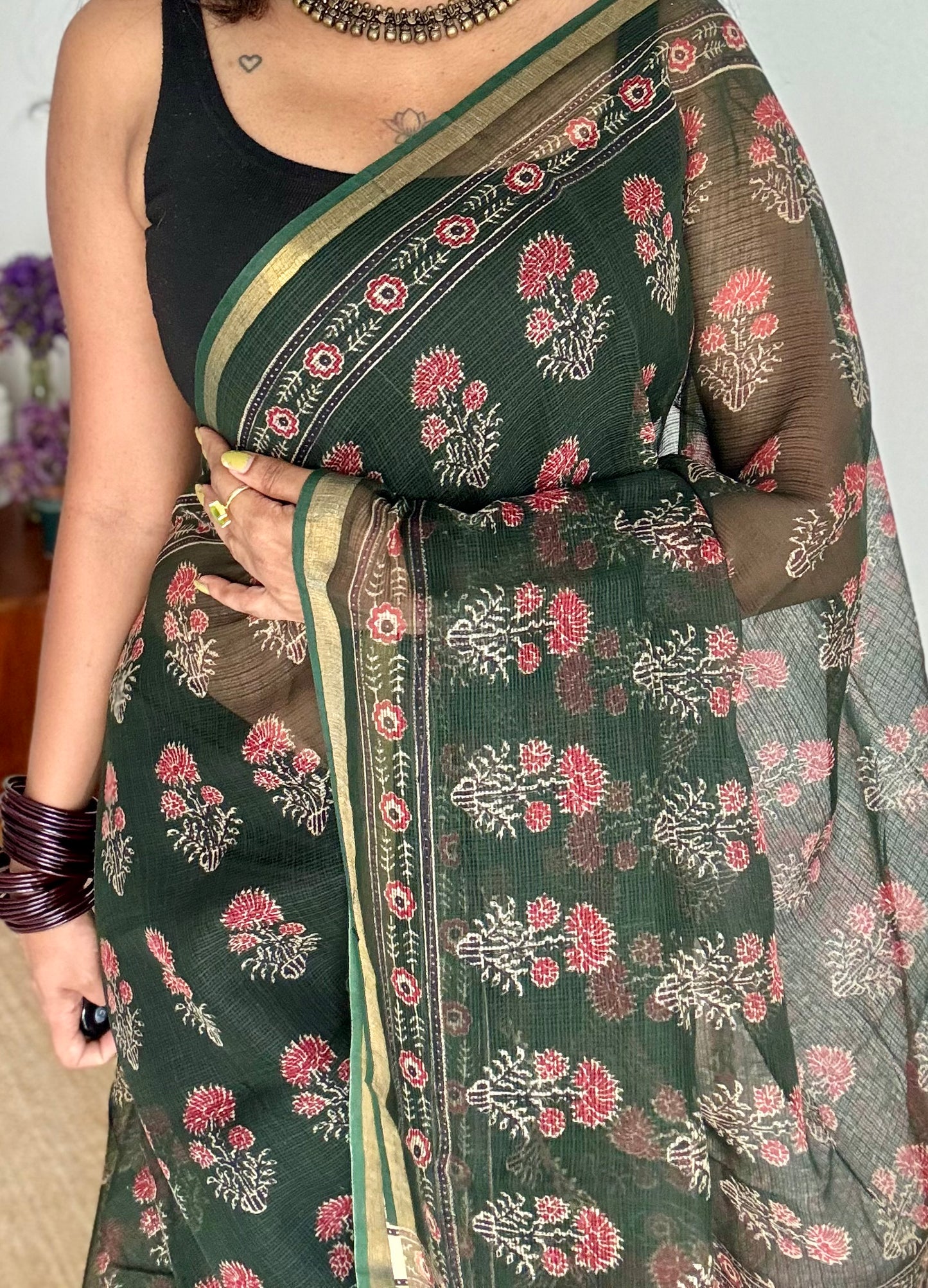 Mirchi Mix - dark green with red floral kota doria saree, with gold zari border - YCTORKDJU28