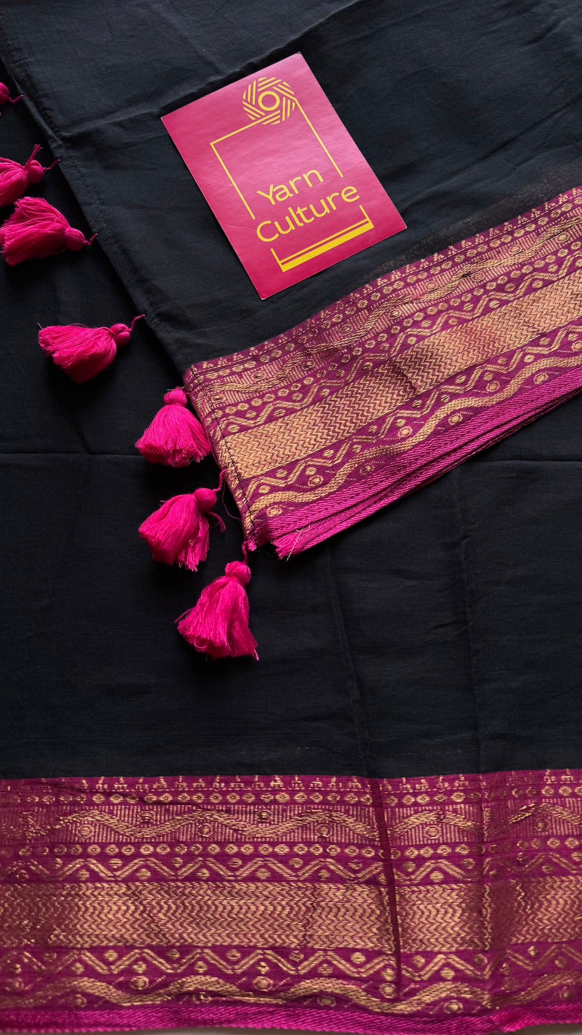 Black mul cotton saree with magenta kanchi inspired zari border - YCBCMCSE28