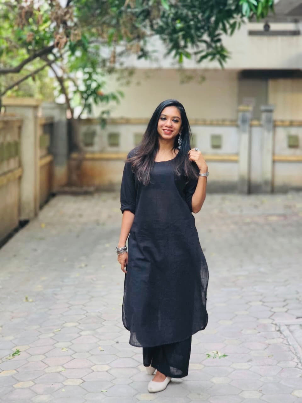 Black cotton round-neck stitched kurta co-ord set, three-fourth sleeves - YCSEBPSFE250