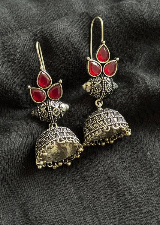 Oxidised silver hook earrings, red stone - YCOSED250
