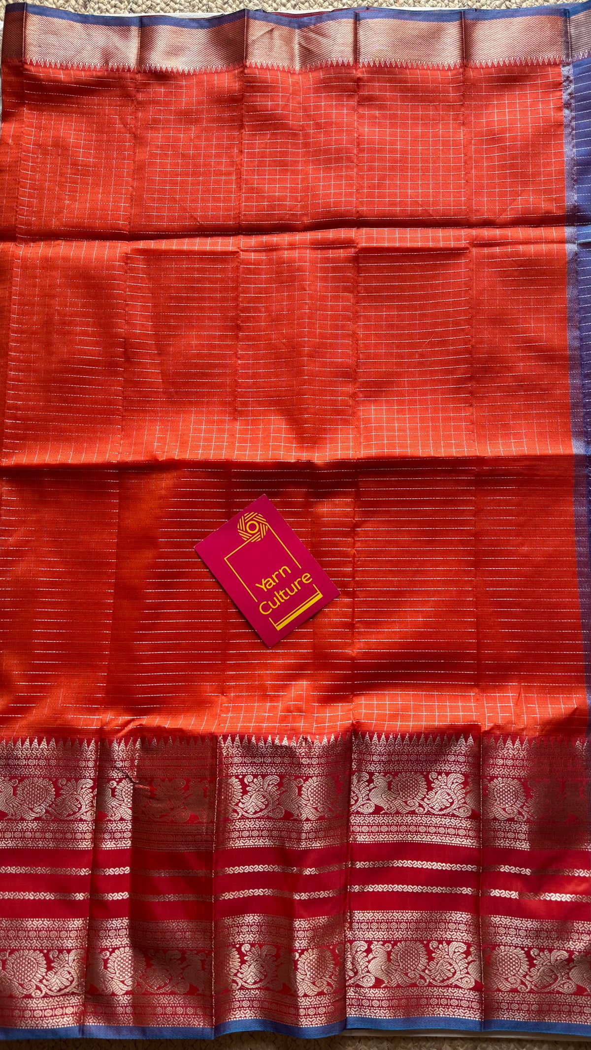 Orange with blue silver zari checks, silver and gold peacock woven zari border, mangalgiri silk cotton, handwoven, soft, light weight - YCWOTDMSCOC122